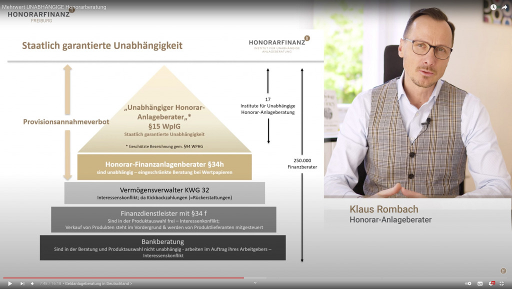 Screenshot aus dem entsprechenden Video von Klaus Rombach. 
Zeigt: die staatliche garantierte Unabhängigkeit der Honorarberater.